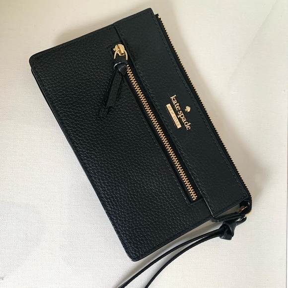 Kate Spade Black Pebbled Leather Wristlet with Metal Logo Like New Condition - Picture 6 of 6